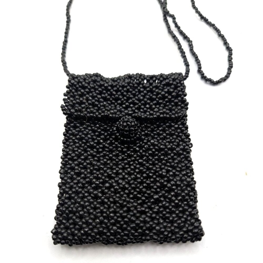 Vtg Handmade Black Beaded Mini Crossbody Bag  4"x3" Size - Picture 9 of 9